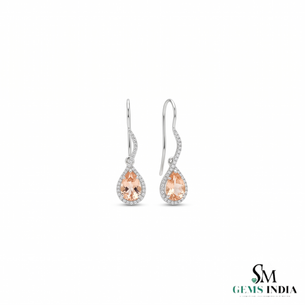 Pear Cut Morganite Drop Earrings with Diamond Halo - Gemstone Jewelry for Women