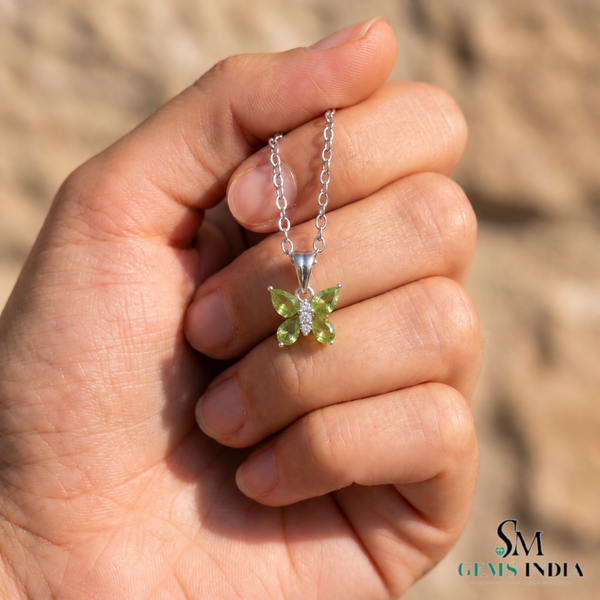 Pear Cut Peridot and Diamond Butterfly Pendant - Green Gemstone Jewelry