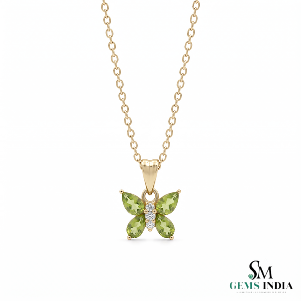 Pear Cut Peridot and Diamond Butterfly Pendant - Green Gemstone Jewelry