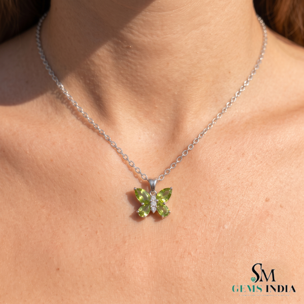 Pear Cut Peridot and Diamond Butterfly Pendant - Green Gemstone Jewelry