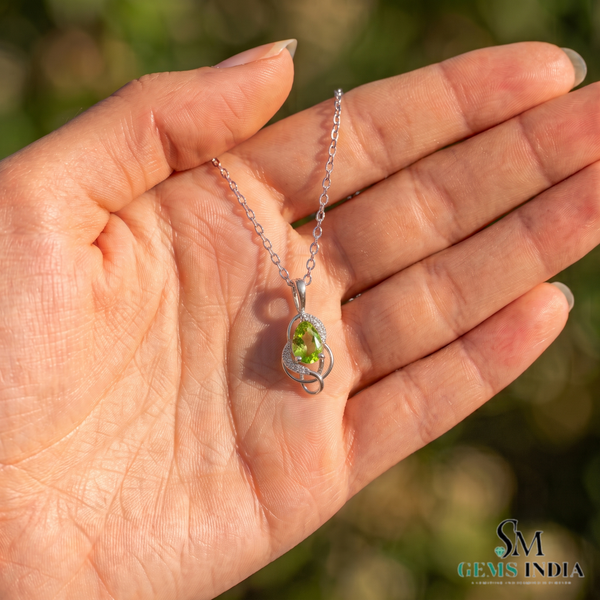 Natural Peridot Pear Cut Pendant with Diamond Halo – Elegant Gift for Her