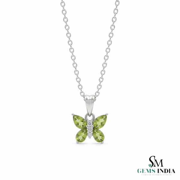 Pear Cut Peridot and Diamond Butterfly Pendant - Green Gemstone Jewelry