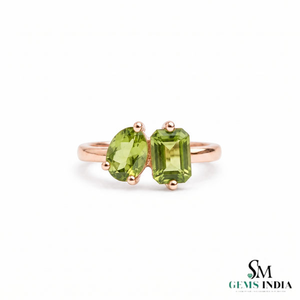 Dual Peridot Gemstone Ring With Oval & Emerald Cut Stones – Unique Fine Jewelry Gift For Her