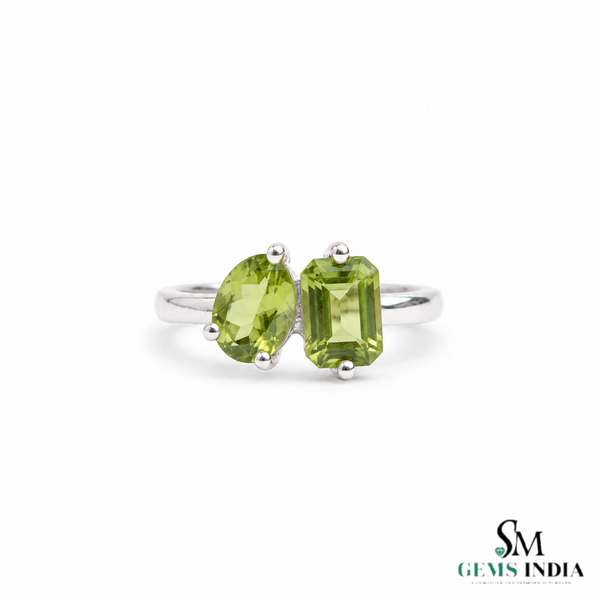 Dual Peridot Gemstone Ring With Oval & Emerald Cut Stones – Unique Fine Jewelry Gift For Her