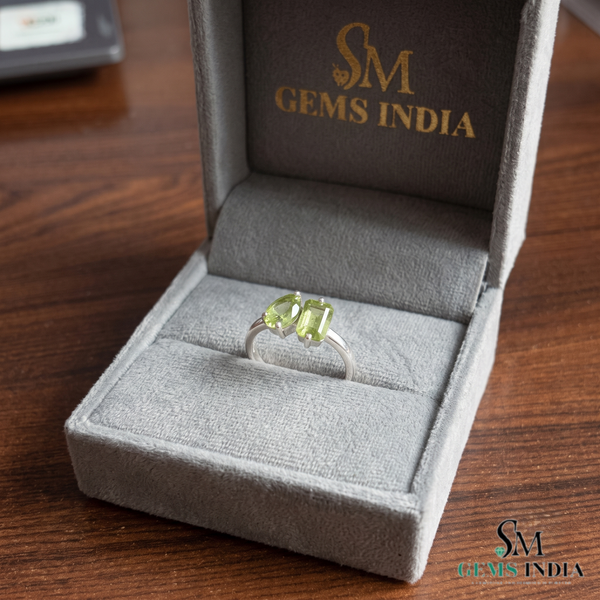 Dual Peridot Gemstone Ring With Oval & Emerald Cut Stones – Unique Fine Jewelry Gift For Her