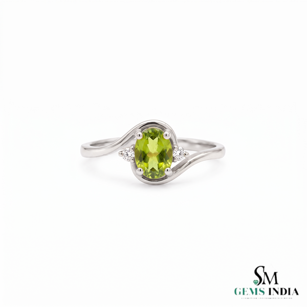Oval Peridot Wave Ring With Diamond Accents – Elegant Fine Jewelry For Women