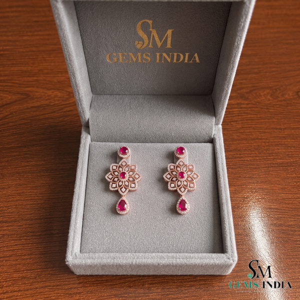 Statement Floral Natural Ruby Drop Earrings with Diamonds Party & Wedding Wear Earring