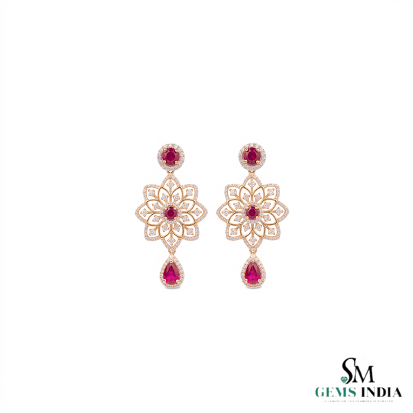 Statement Floral Natural Ruby Drop Earrings with Diamonds Party & Wedding Wear Earring