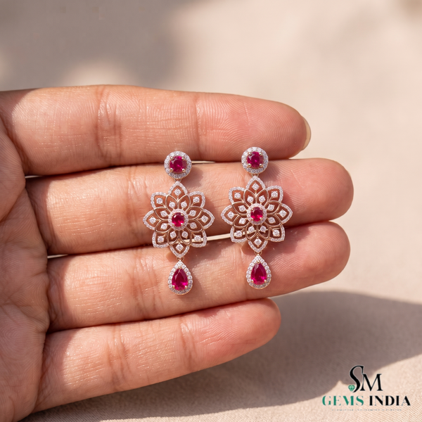 Statement Floral Natural Ruby Drop Earrings with Diamonds Party & Wedding Wear Earring