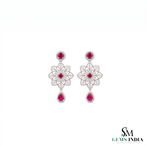 Statement Floral Natural Ruby Drop Earrings with Diamonds Party & Wedding Wear Earring