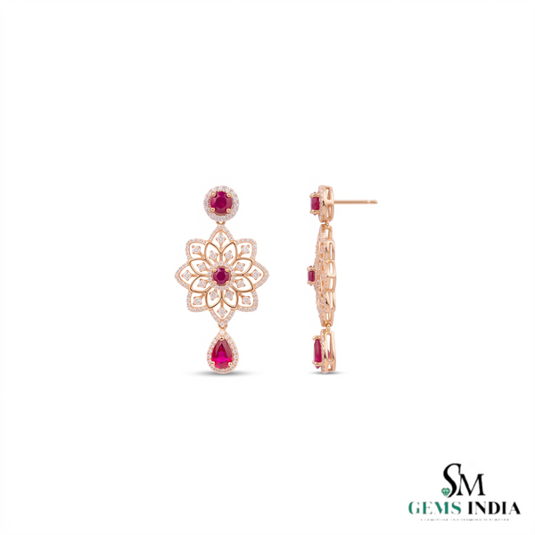 Statement Floral Natural Ruby Drop Earrings with Diamonds Party & Wedding Wear Earring