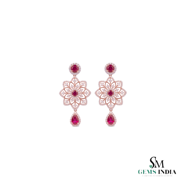 Statement Floral Natural Ruby Drop Earrings with Diamonds Party & Wedding Wear Earring