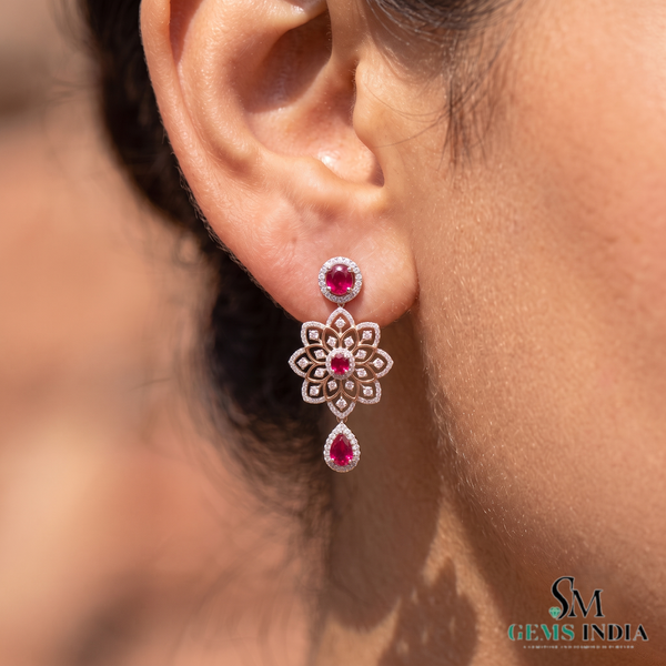 Statement Floral Natural Ruby Drop Earrings with Diamonds Party & Wedding Wear Earring