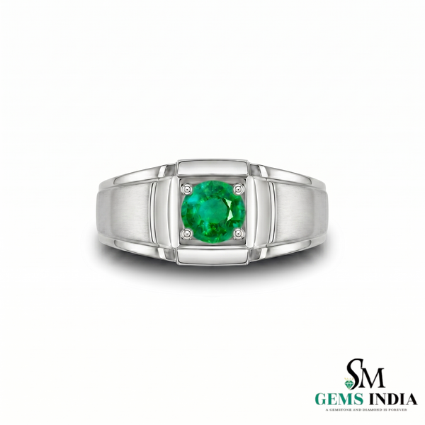 Round Cut Green Emerald Signet Ring - Modern Minimalist Fine Jewelry Gift