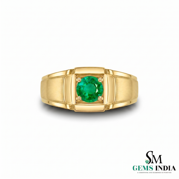Round Cut Green Emerald Signet Ring - Modern Minimalist Fine Jewelry Gift