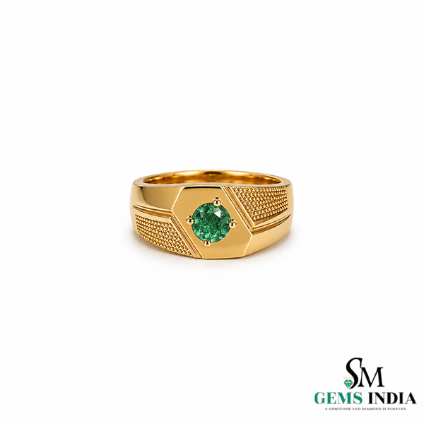 Round Cut Emerald Statement Band - Men’s Green Emerald Signet Ring