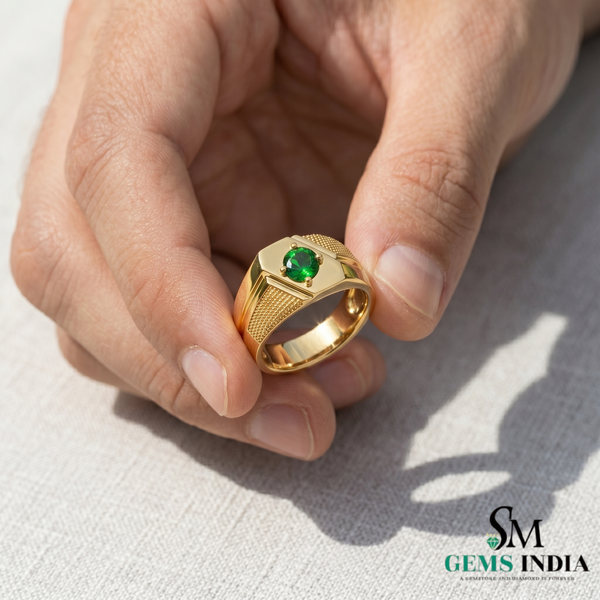 Round Cut Emerald Statement Band - Men’s Green Emerald Signet Ring