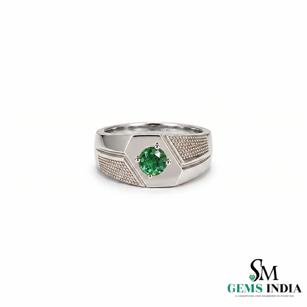 Round Cut Emerald Statement Band - Men’s Green Emerald Signet Ring