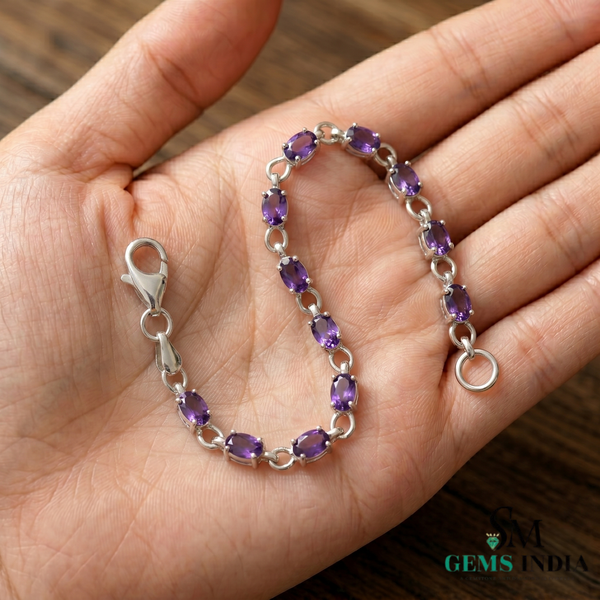 Natural Oval Amethyst Link Bracelet – Anniversary Gift for Her