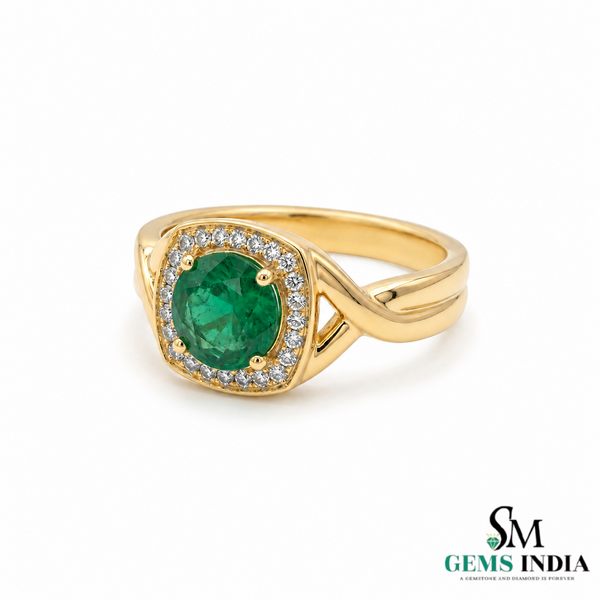 Men’s Emerald Halo Signet Ring - Round Cut Green Emerald Diamond Statement Ring for Him