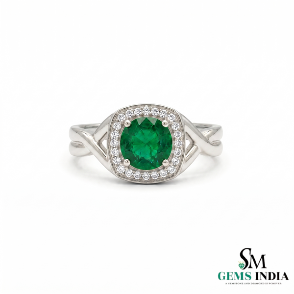 Men’s Emerald Halo Signet Ring - Round Cut Green Emerald Diamond Statement Ring for Him