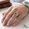 Men’s Emerald Halo Signet Ring - Round Cut Green Emerald Diamond Statement Ring for Him