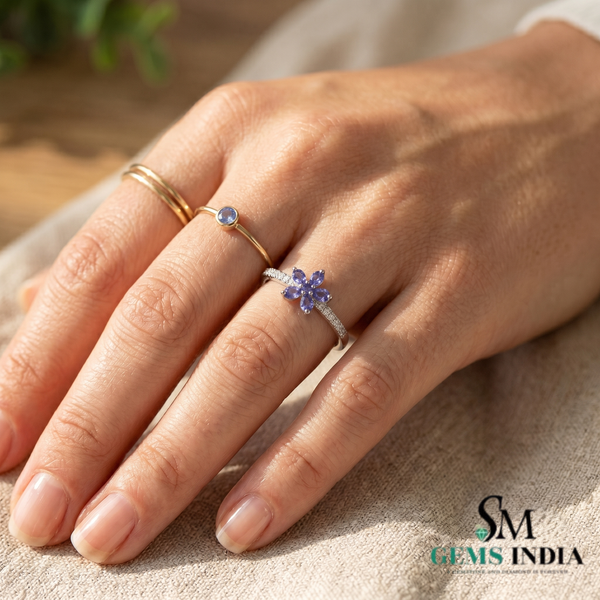 Oval & Round Tanzanite Flower Ring - Statement Ring for Women