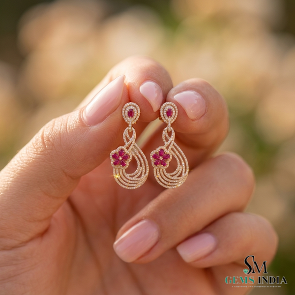 Pear Ruby Floral Drop Earrings With Diamond – Elegant Fine Jewelry For Her