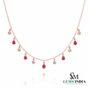 Pear Cut Ruby & Round Diamond Dangle Station Necklace - July Birthstone Jewelry