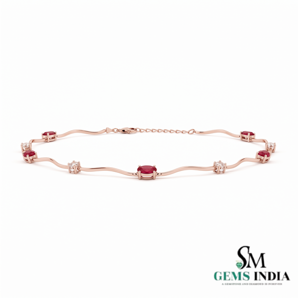 Ruby Red Oval Gemstone & Diamond Accent Wave Necklace for Women