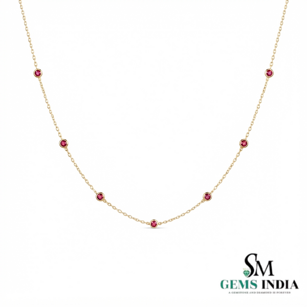 Minimalist Round Ruby Station Necklace - Anniversary Gift for Her