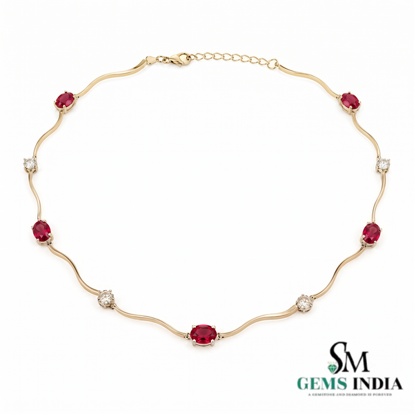 Ruby Red Oval Gemstone & Diamond Accent Wave Necklace for Women