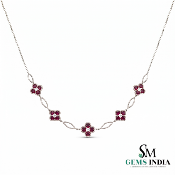 Round Natural Ruby Flower Blossom Necklace - Luxury Gift For Her