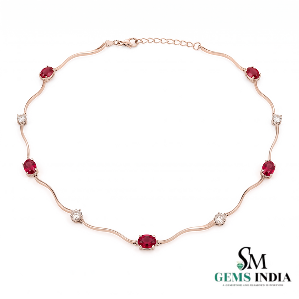 Ruby Red Oval Gemstone & Diamond Accent Wave Necklace for Women
