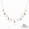 Pear Cut Ruby & Round Diamond Dangle Station Necklace - July Birthstone Jewelry
