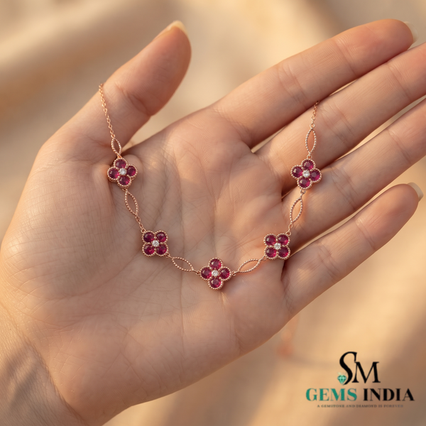 Round Natural Ruby Flower Blossom Necklace - Luxury Gift For Her