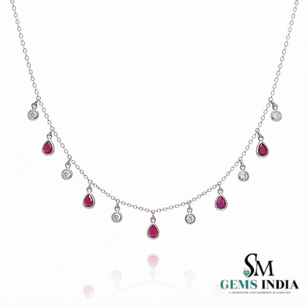 Pear Cut Ruby & Round Diamond Dangle Station Necklace - July Birthstone Jewelry