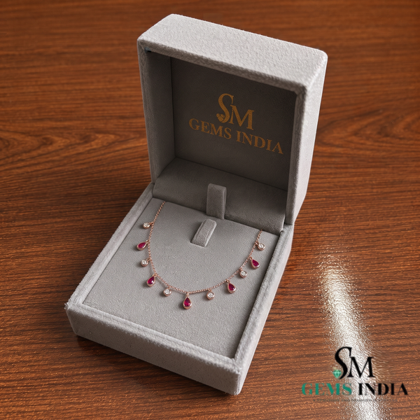 Pear Cut Ruby & Round Diamond Dangle Station Necklace - July Birthstone Jewelry