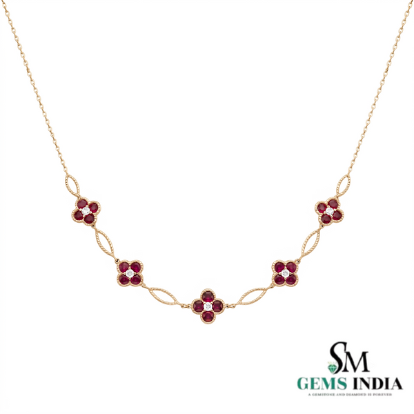 Round Natural Ruby Flower Blossom Necklace - Luxury Gift For Her