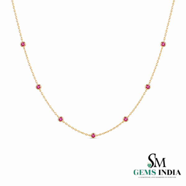 Minimalist Round Ruby Station Necklace - Anniversary Gift for Her
