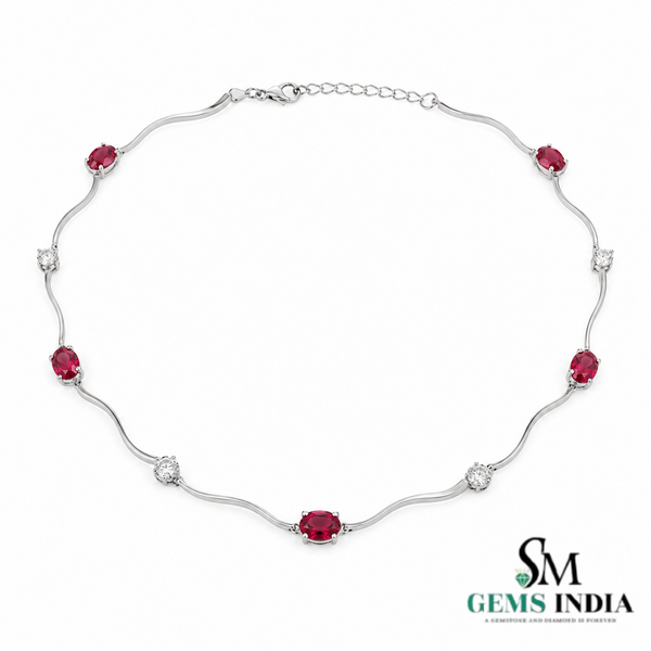 Ruby Red Oval Gemstone & Diamond Accent Wave Necklace for Women