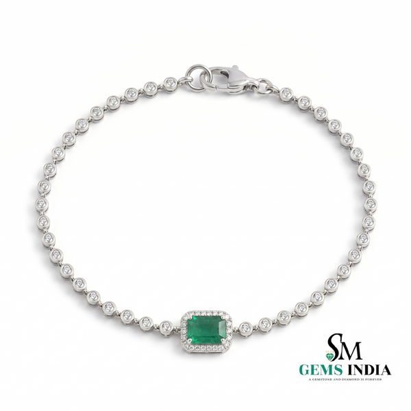 Diamond Tennis Bracelet with Emerald cut Emerald Center Stone - Gift for Her