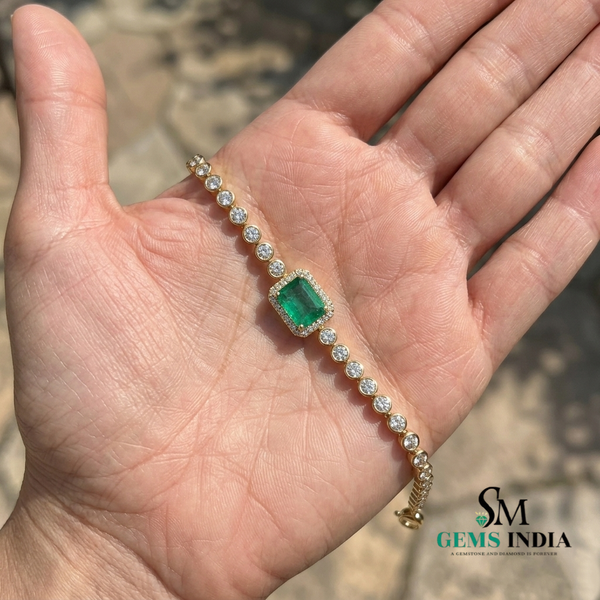 Diamond Tennis Bracelet with Emerald cut Emerald Center Stone - Gift for Her