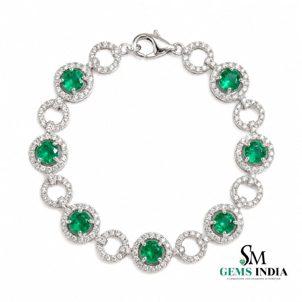 Emerald & Diamond Halo Link Bracelet - Green Gemstone Bracelet