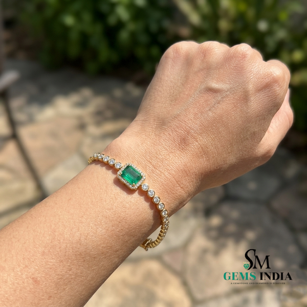 Diamond Tennis Bracelet with Emerald cut Emerald Center Stone - Gift for Her