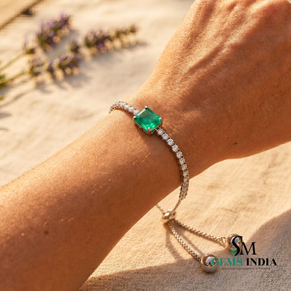 Emerald-Cut Emerald & Diamond Adjustable Tennis Bracelet - Fine Emerald Jewelry Gift
