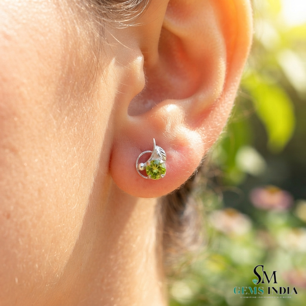Natural Round Peridot Leaf Stud Earrings - Minimalist Fine Jewelry Gift for Women