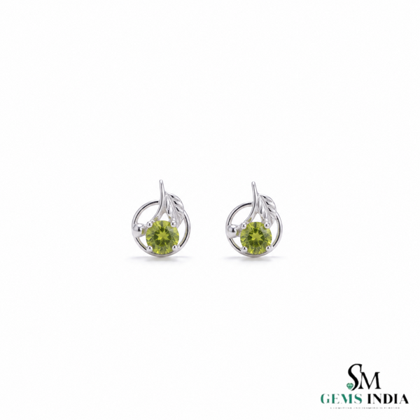 Natural Round Peridot Leaf Stud Earrings - Minimalist Fine Jewelry Gift for Women