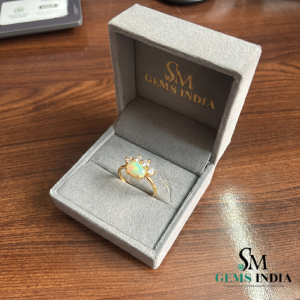 Vintage Oval Opal and Diamond Crown Ring - October Birthstone Jewelry