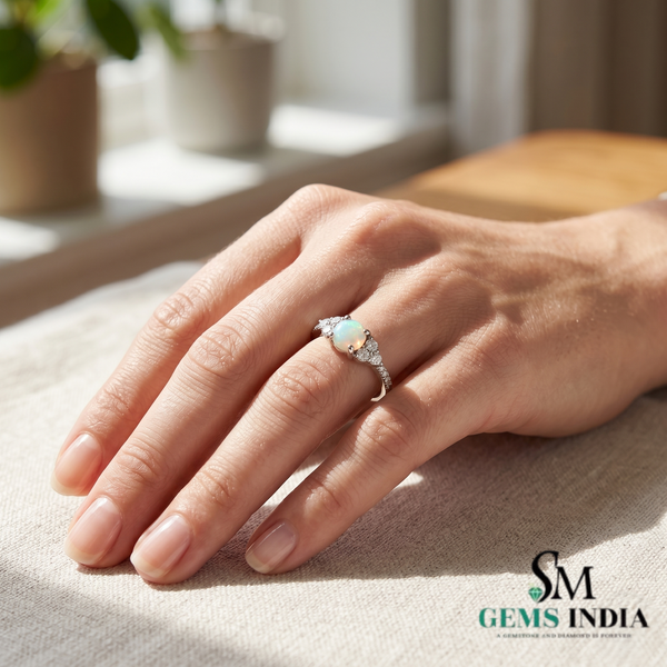 Round Opal Solitaire Ring with Diamond Side Stones - Fine Jewelry Gift